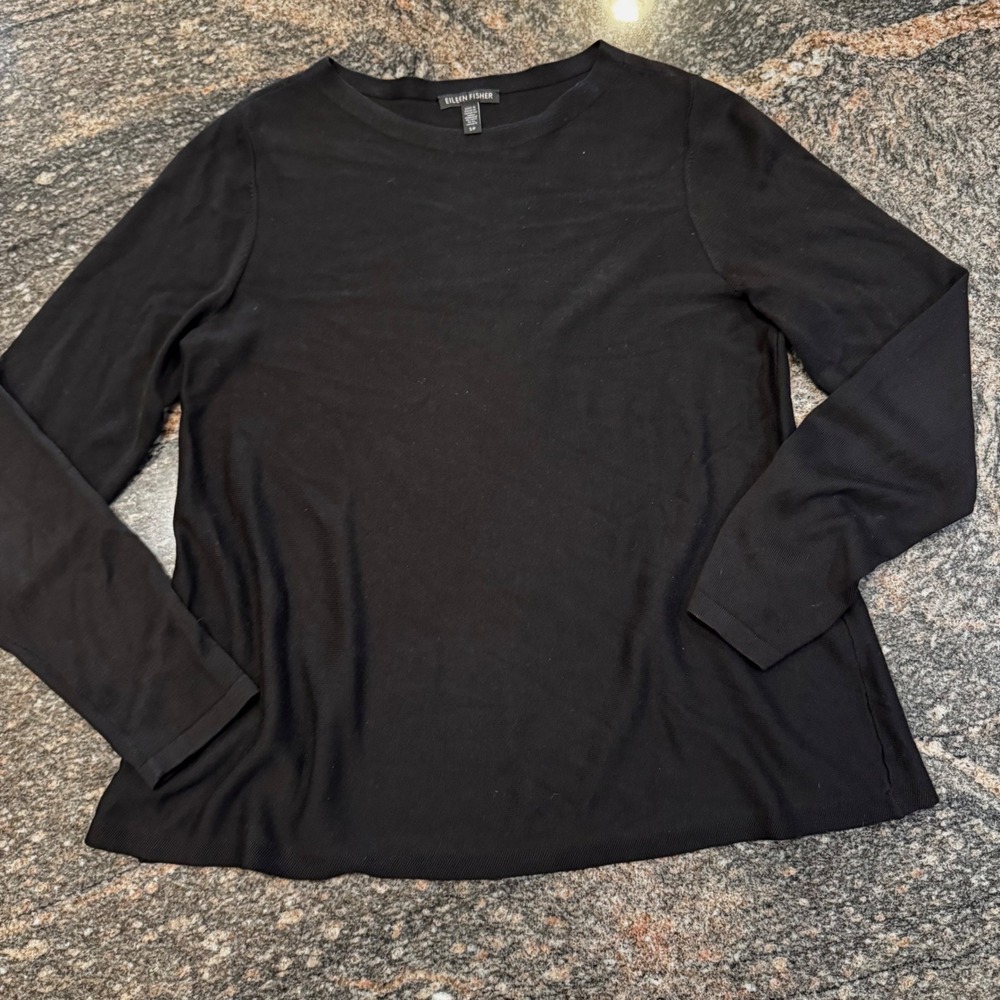 Eileen Fisher Top Women S/P Black Silk Tencel Lyocell Long Sleeve Crew Neck Knit